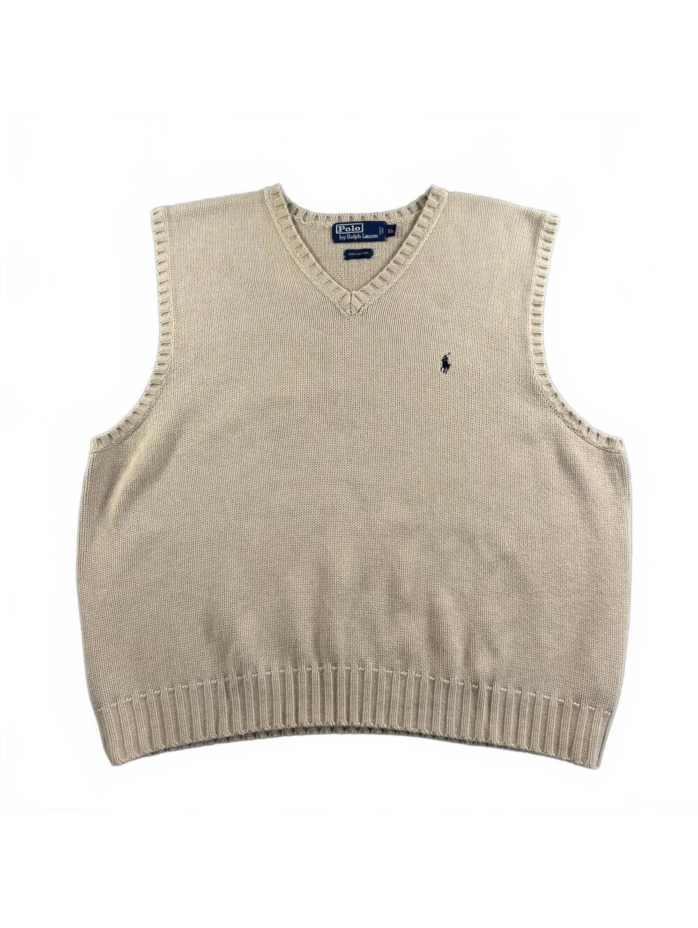 Polo Ralph Lauren Sweater Vest Men XL V-Neck 100% Cotton Beige Knit Preppy